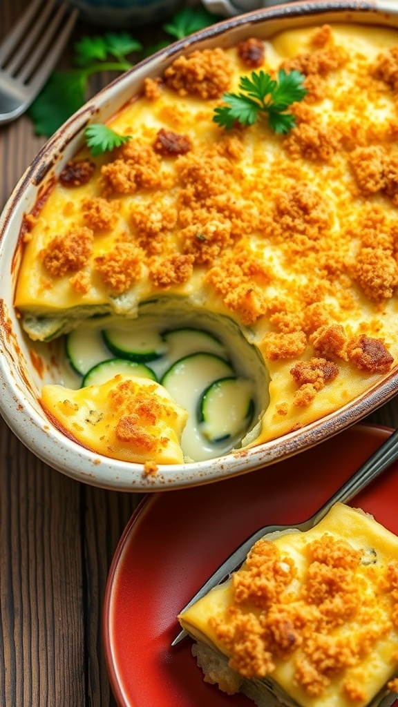 Cheesy Zucchini Gratin Recipe A golden brown zucchini gratin with crispy breadcrumbs and melted cheese, garnished with parsley, in a rustic baking dish.